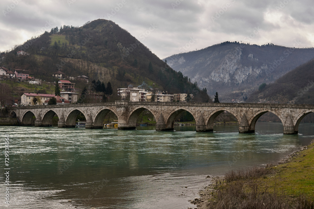 The Mehmed Pasha Sokolovic Bridge on the Drina river in Visegrad, Bosnia Herzegovina and Republika Srpska
