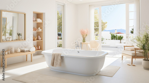 Brightly lit room with white bathtub and light