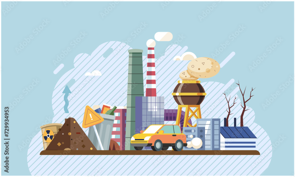 Industrial pollution. Dirty waste. Environmental pollution. Vector illustration. Smokes with smog are warning signs polluted environment Trash emission contributes to both land and air pollution