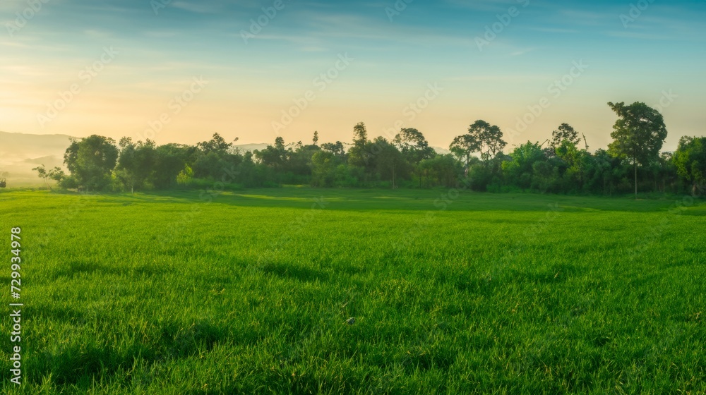 view of a green landscape, sunset in region country view of a green landscape, sunset in region country