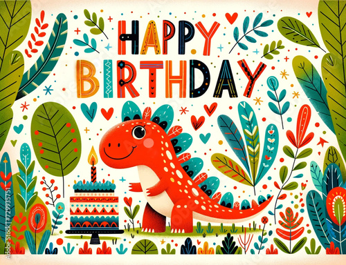Happy Birthday Greeting Card with Cheerful Dinosaur and Festive Decorations © Sawanee