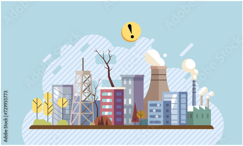 Industrial pollution. Dirty waste. Environmental pollution. Vector illustration. Industrial pollution is result increased production demands Dirty water is affecting aquatic life Smokes with smog