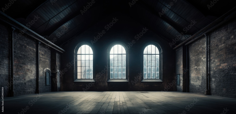 Empty large and old factory building with large windows and sunrays - obrazy, fototapety, plakaty 