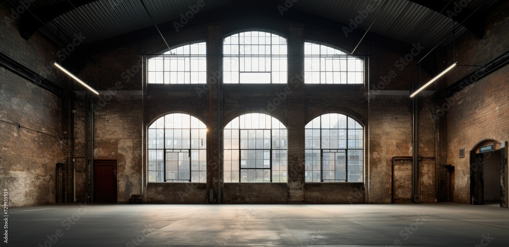Spacious industrial loft with large windows and concrete floor, ideal for a modern workspace or studio.