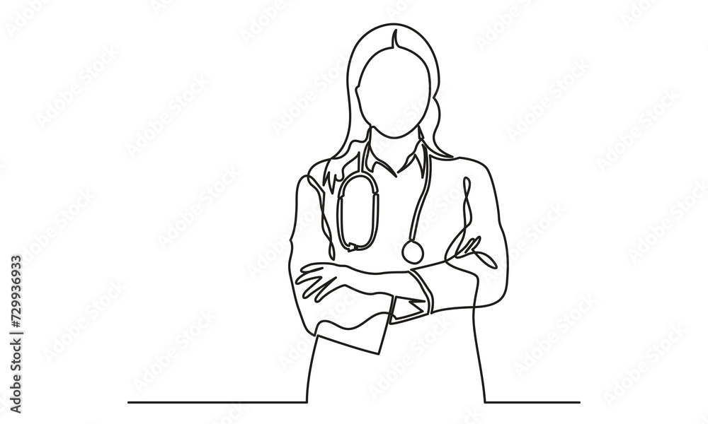 Continuous line drawing of a female doctor standing crossed arms with a stethoscope.Concept of hospital and health care service vector illustration.
Continuous line drawing of a female doctor standing crossed arms with a stethoscope.Concept of hospital and health care service vector illustration.