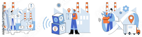 Industry iot vector illustration. Artificial intelligence, maestro, conducts orchestra industrial transformation The cloud whispers secrets, and big data paints canvas possibilities in industry IoT