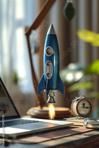 Blue rocket lifted off from a laptop on a desktop. Vertical startup concept