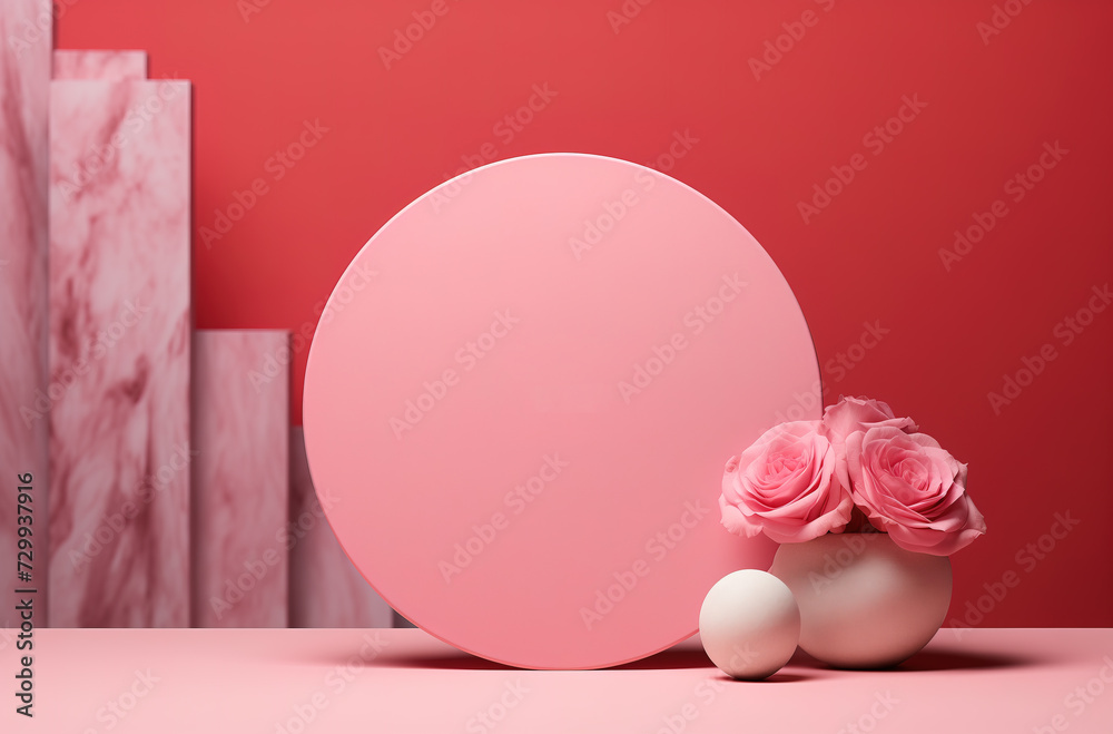 Empty round cylinder pink platform podium for product or cosmetics presentation on pink background. Empty round cylinder pink platform podium for product or cosmetics presentation on pink background.