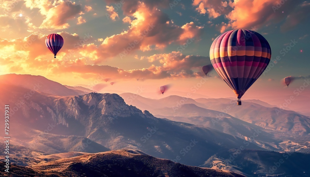 Colorful hot-air balloons flying gracefully over the majestic mountains.