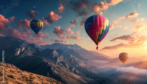 Colorful hot-air balloons flying gracefully over the majestic mountains.