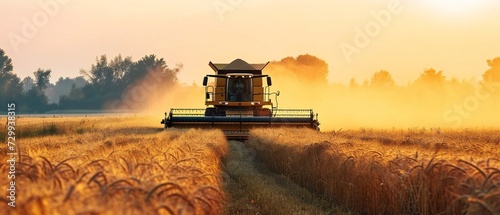 Big combine harvester on the sunset. peacefully threshing the golden fields. photo
