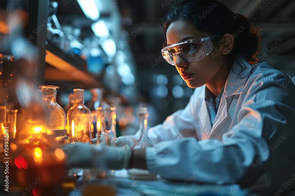 Concentrated female scientist conducting an experiment and analyzing chemical samples in a dark research laboratory