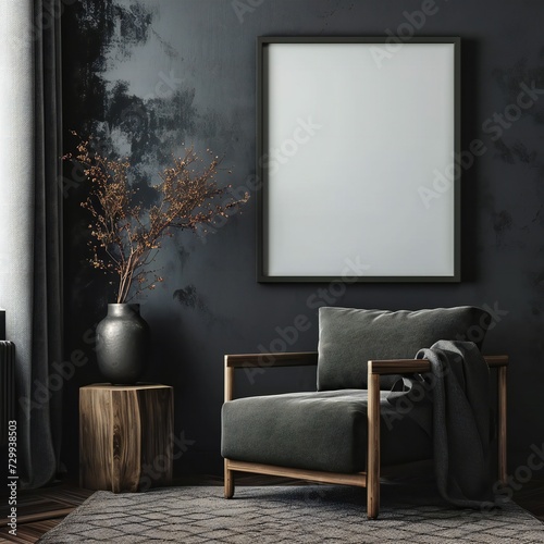 Mock-up frame in a dark room with a green armchair.