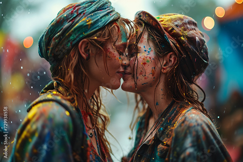 Two women share a close moment amidst a vibrant celebration, faces adorned with colorful paint splashes