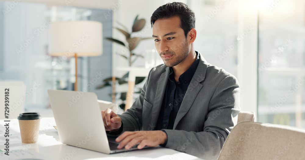 Man in office with laptop, market research and notes for social media review, business feedback or planning. Thinking, search and businessman networking online for startup, website and writing report Man in office with laptop, market research and notes for social media review, business feedback or planning. Thinking, search and businessman networking online for startup, website and writing report
