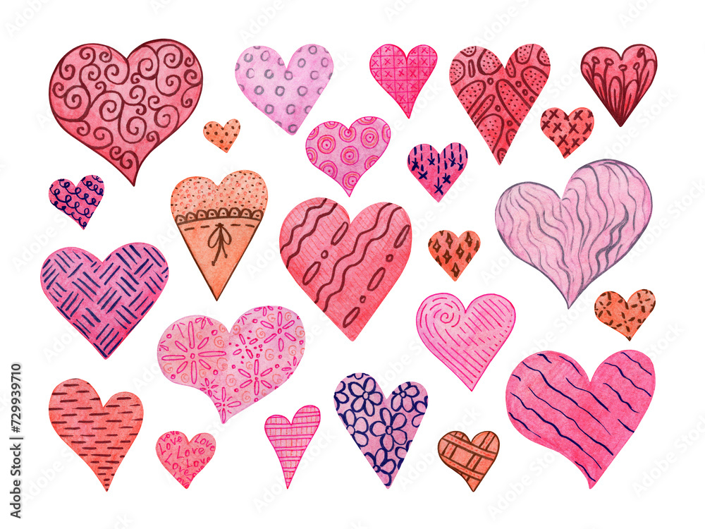 Set hearts for Valentines Day. Romance and love. Hand drawn watercolor and colored pencil illustration. Set hearts for Valentines Day. Romance and love. Hand drawn watercolor and colored pencil illustration.