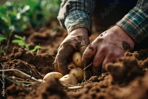 The hands of a diligent farmer, gently getting potatoes from the fertile ground