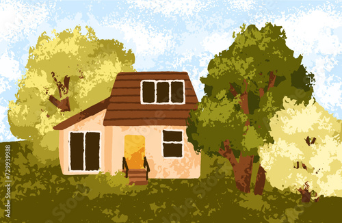 Country house. Home among trees. Nature landscape, countryside with cottage, ...