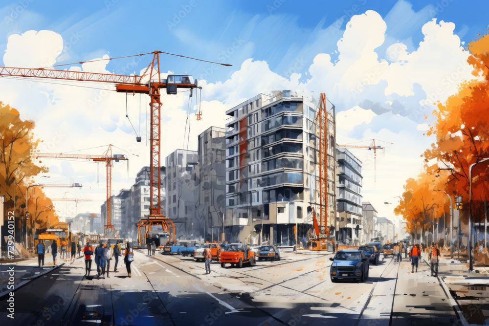 Construction site with city cranes in drawing style