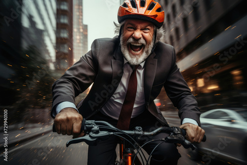Happy male businessman on a bicycle rides to work