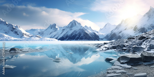 Winter ice snow frozen lake nature outdoor background with mountains landscape.