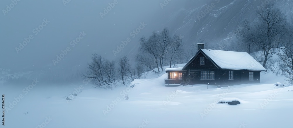 Norwegian cabin in a fierce mountain blizzard.