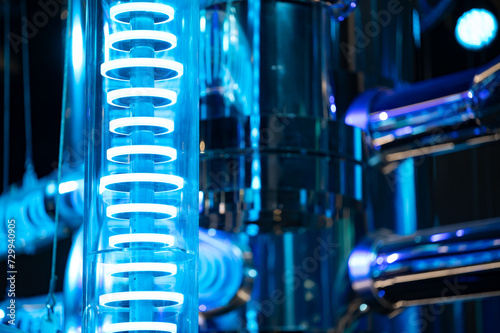 Nuclear reactor concept of future power energy generation system. Stainless steel pipes with blue lights, closeup of photo