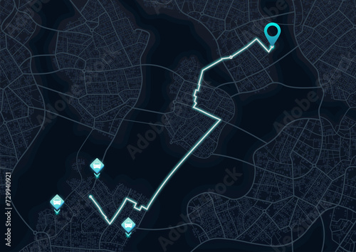 Pick up taxi. Passenger location sharing for driver. Gps map navigation to own house. City top view. Online navigation. Quarter residential buildings. Editable vector illustration