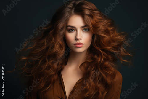 Beautiful brunette girl with long wavy hair, beauty portrait