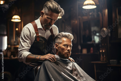 barber cutting man's hair in a hair salon or barbershop