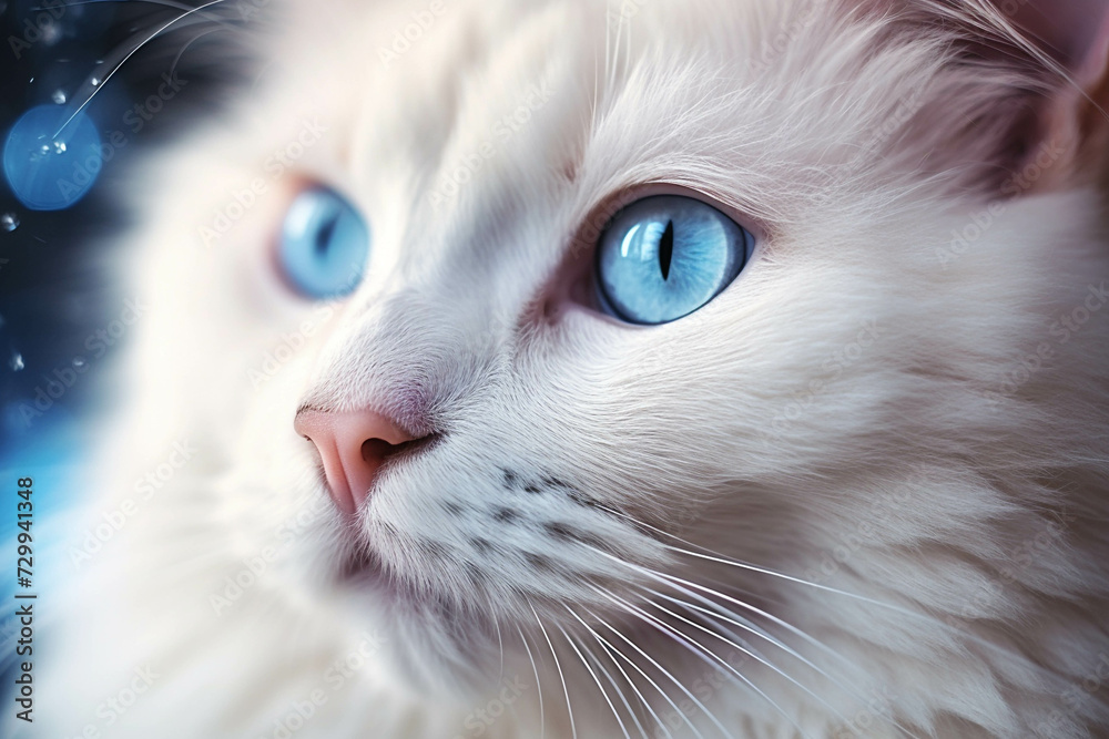 Cute fluffy white cat with blue eyes.