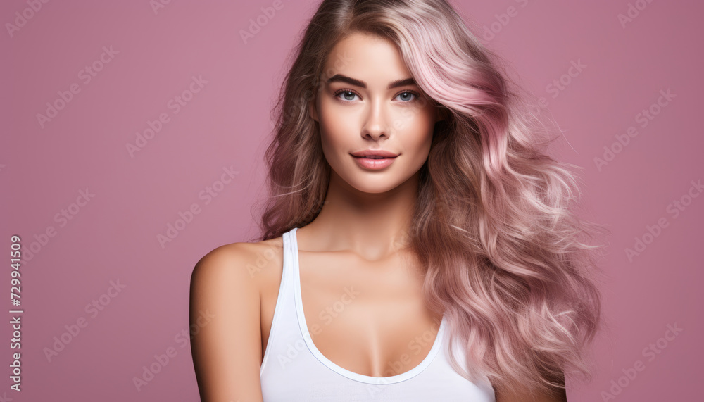 Beautiful girl with long wavy healthy hair on a pink background