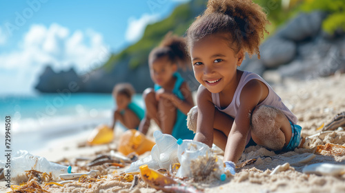 children collect garbage on the beach