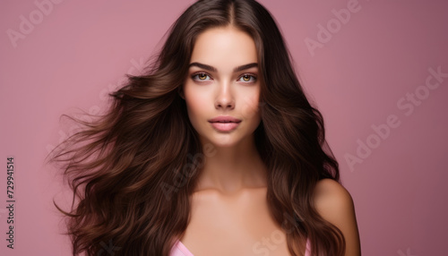 Beautiful girl with long wavy healthy hair on a pink background