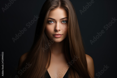 Beautiful brunette girl with long, smooth, healthy hair on a dark background © Michael