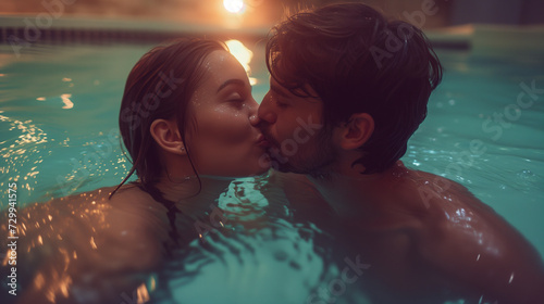 in love kissing couple in swimming pool, ai