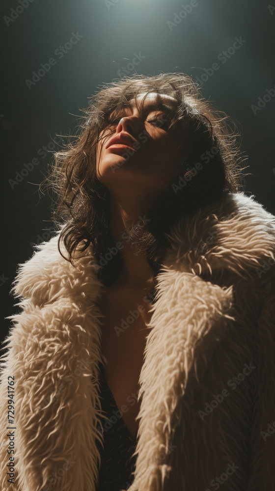 beautiful woman in beige fluffy coat in the dark,ai beautiful woman in beige fluffy coat in the dark,ai