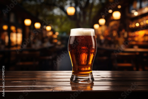 Glass of beer on wooden table on blurred bokeh background