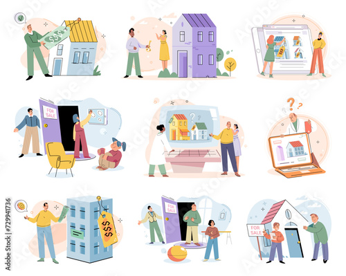 Real estate search. Vector illustration Buyers considered their future plans when purchasing new home Renting and investing in house allowed individuals to explore different neighborhoods The mortgage