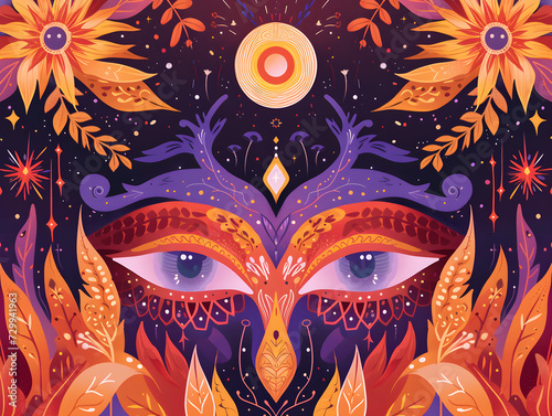 Mystical Gaze: Decorative Mandala-Inspired Eyelid Patterns with Serene Purple-Eyed Contemplation - Spiritual Awakening Concept