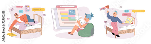 Child with tablet. Vector illustration. The use tablets in education facilitates childrens engagement and participation Online studying allows students to have access to wealth information
