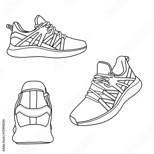 Template vector sneaker. Outline vector doodle illustration, front, back, and side view. Isolated with a white background.