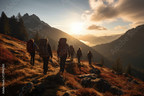 Group of tourists hikers with backpacks walks in mountains