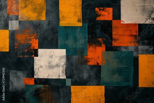 Painted the Squares in Dark Teal and Dark Orange - Retro Visuals with Aerial Abstractions in Dark Yellow and Light Red - Minimalism Squares Art Group Background created with Generative AI Technology