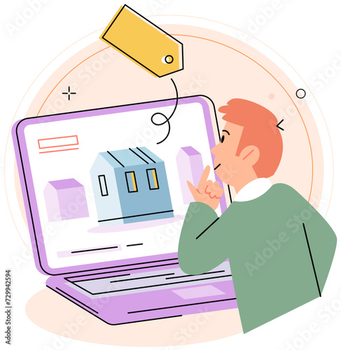 Real estate search. Vector illustration Buyers utilized real estate search concept to explore listings in their desired area People looking for home considered neighborhoods safety and amenities photo