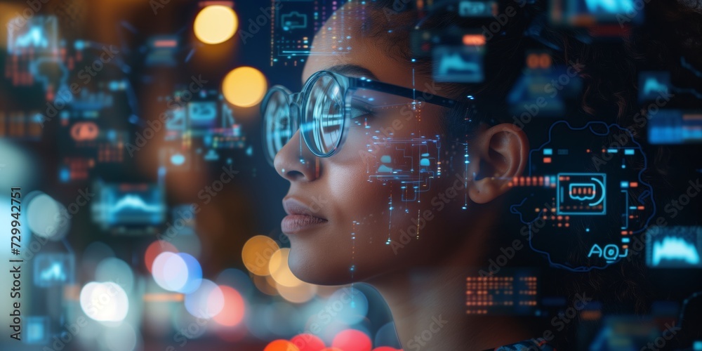 woman look up portrait in vr glasses hologram, glowing virtual headset with connection, earth sphere and lines.
