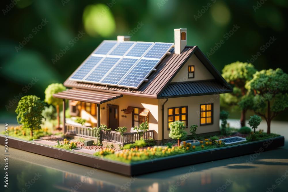 Model of a house with solar panels on the roof