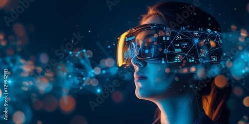 woman look up portrait in vr glasses hologram, glowing virtual headset with connection, earth sphere and lines.
 photo