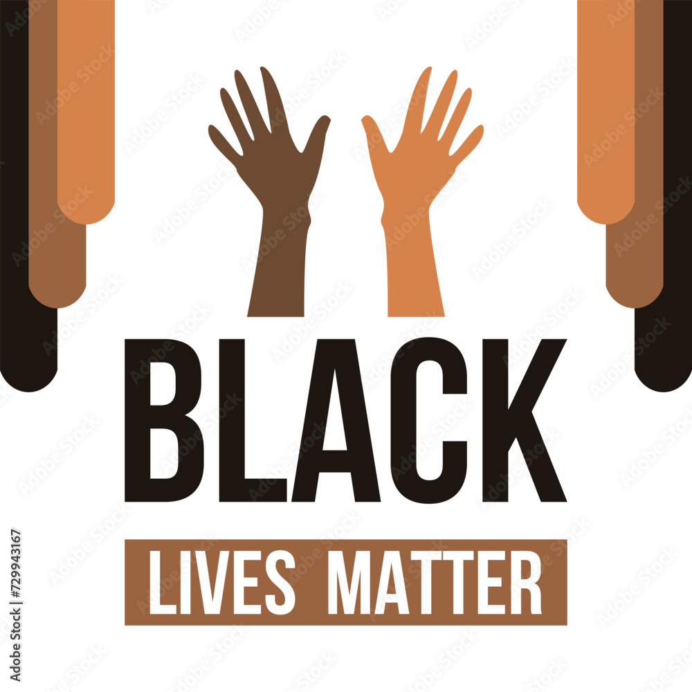 Obraz premium Black lives matter banner. Raised hands multinational society slogan Black lives matter. Anti racism and racial equality and tolerance banner with white artboard.