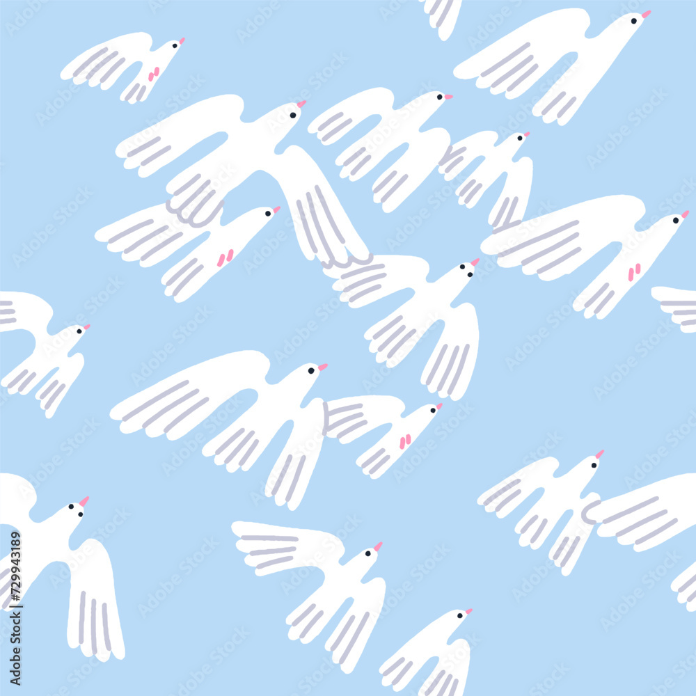 Seamless pattern, birds flock flying. White doves in sky, endless background. Repeating print, winged pigeons in flight, freedom. Printable repeatable flat vector illustration for fabric design Seamless pattern, birds flock flying. White doves in sky, endless background. Repeating print, winged pigeons in flight, freedom. Printable repeatable flat vector illustration for fabric design